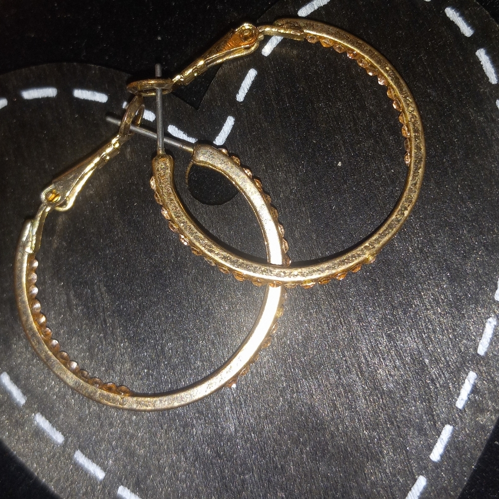 Vintage 1" Gold Hoops with CZ Accents - Picture 6 of 10